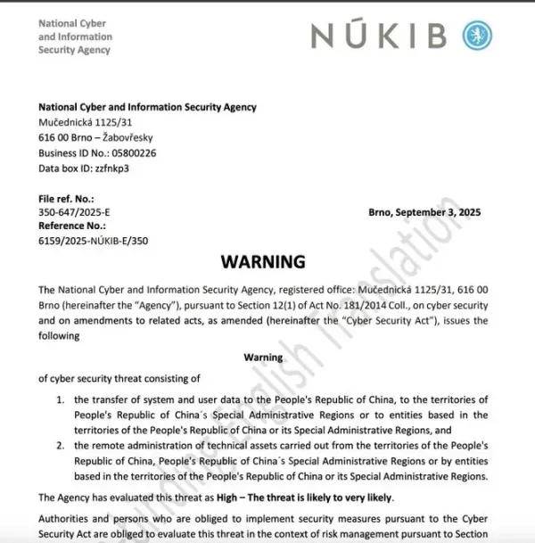 Czech Republic Issues HIGH Cybersecurity Warning Over Chinese Data Transfers